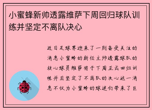 小蜜蜂新帅透露维萨下周回归球队训练并坚定不离队决心
