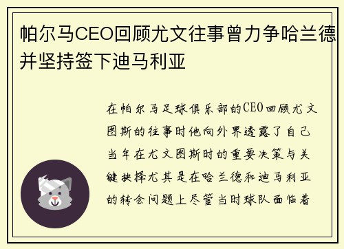 帕尔马CEO回顾尤文往事曾力争哈兰德并坚持签下迪马利亚